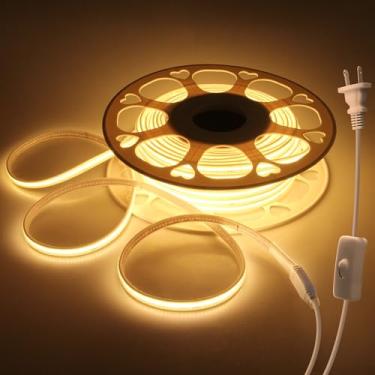 Imagem de Fita de luzes LED COB à prova d'água com interruptor CA 110V-130V 82FT branco quente 3000K super brilhante 288LEDs/M flexível DIY cortável COB luzes de corda LED para armários e pátio