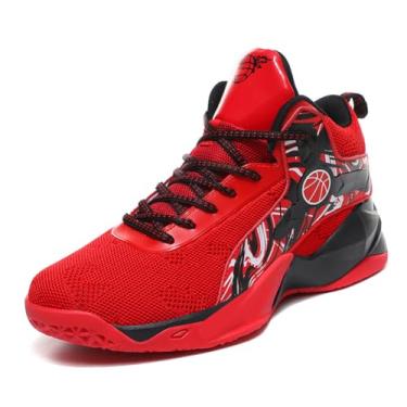 Imagem de WELRUNG Tênis de corrida unissex de cano alto leve com tecelagem braguilha para corrida, tênis esportivo e basquete, Preto/vermelho, 11.5 Women/10 Men