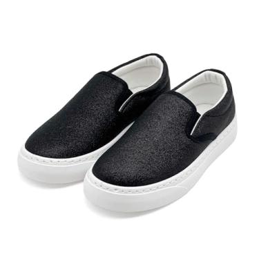 Imagem de Tênis infantil para meninas e meninos, cano baixo, sem cadarço, de lona, casual, confortável, sem cadarço, moderno, colorido, glitter, caminhada, corrida, salto plano, tênis preto, Preto, 10.5 Little