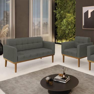 Imagem de Conjunto Poltrona E Namoradeira Decorativas Pés Fixo Em Madeira Castanho Linho Cinza Mesclado