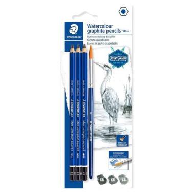 Imagem de Lápis Grafite Aquarelável Staedtler Lumograph e Pincel 4pçs