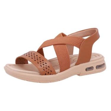 Imagem de Sandalia Feminina Anabela Baixa Tira Elastico Macio Usaflex, Tan, 35
