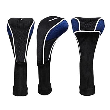 Imagem de Capas de cabeça de taco de golfe de 3 peças Driver 1 3 5 Woods Headcover Acessórios de golfe de qualidade Pescoço com etiquetas, azul