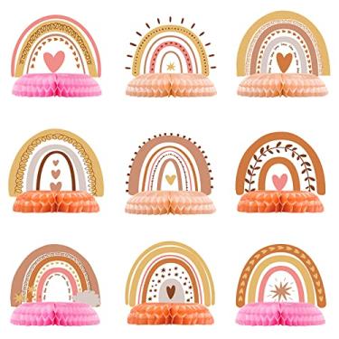 Imagem de 9 peças decoração de festa arco-íris Boho mesa arco-íris decoração de peças centrais de arco-íris para mesa 3D arco-íris favo de mel decoração de chá de bebê peças centrais para meninos meninas festa de aniversário suprimentos
