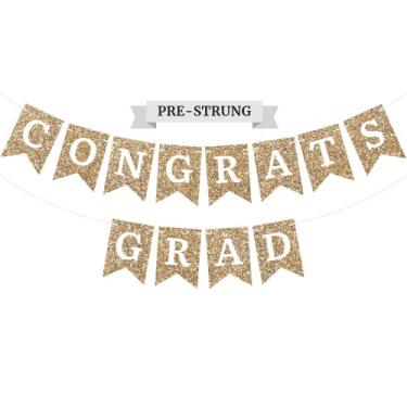 Imagem de Faixa pré-amarrada Congrats Graduação - NO DIY - Banner de festa de formatura com glitter dourado - Guirlanda pré-amarrada em fio de 1,8 m - Decorações e decoração de festa de 2022 para graduação dourada