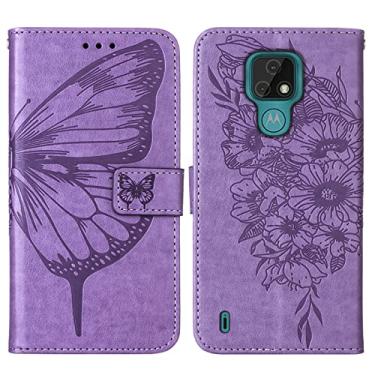 Imagem de Capa flip para Motorola Moto E7, carteira de couro PU em relevo borboleta flor capa de telefone com slots para cartão [recurso de suporte] [alça de pulso] capa protetora flip para telefone