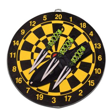 Imagem de Conjunto de facas de arremesso Z Hunter e placa de alvo - Conjunto de 3 facas, lâminas de aço preta/cetim com gráfico de perigo biológico, cabos verdes envolvidos, espiga completa, placa alvo e bainha