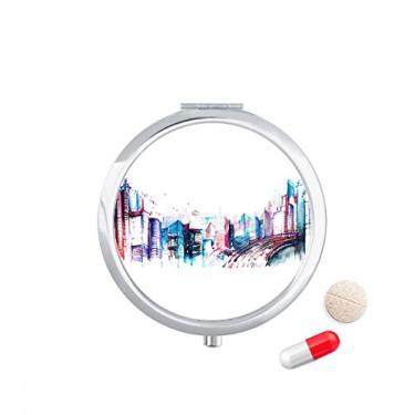 Imagem de Caixa de armazenamento de remédios com design moderno e arranha-céus em aquarela