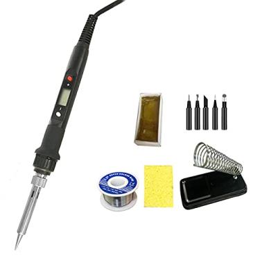 Imagem de XuuSHA Kit de ferro de solda elétrico de 80 W, kit de ferro de solda digital elétrica, ferramenta de solda de cerâmica, ferramenta de solda de cerâmica, pinças de ferramentas de solda ajustáveis em temperatura (cor: conjunto preto de 80 W 5)