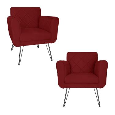 Imagem de Kit 2 Poltronas Decorativas Para Quarto Closet Pés de Ferro Isabella Suede Vermelho Bordo - LM DECOR