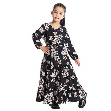Imagem de Mauritânia infantil tradicional floral vestido longo roupas mauritano exótico menina fantasia roupas adolescentes saia thobe vestido (preto floral, 13-14 anos)