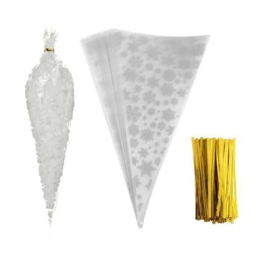 Imagem de 100 pçs floco de neve de natal santa claro cone tratar sacos celofane tratar sacos de plástico cone sacos favor doces pipoca artesanal (Tipo 2-100 unidades)