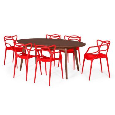 Imagem de Conjunto Mesa de Jantar Oval Vértice Nozes 190cm com 6 Cadeiras Allegra - Vermelho
