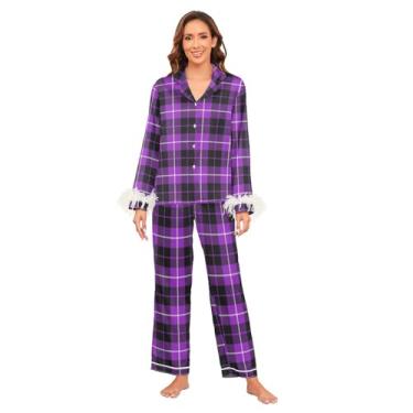 Imagem de GuoChe Conjuntos de pijama feminino calças confortáveis perna larga punho de penas conjuntos de pijamas femininos de cetim de seda para dormir P, Xadrez de sarja roxa e preta, XXG