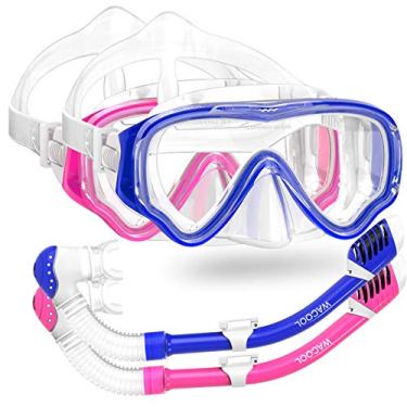 Imagem de Conjunto de Snorkel da WACOOL para Crianças Júnior e Júnior, Máscara de Mergulho de Vidro Revestido Antiembaçante, Snorkel com Peça de Boca de Silicone, Válvula de Purga e Proteção Anti-Splash (Azul Escuro + Rosa).