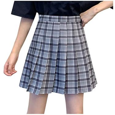 Imagem de Saia feminina slim túnica para mulheres midi plissado xadrez corte alto saia evasê 2024 na moda, 2-C82 Cinza, M