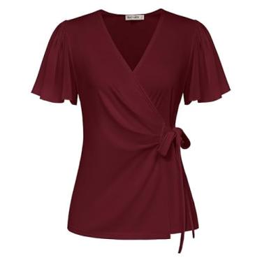 Imagem de GRACE KARIN Blusas femininas elegantes de chiffon fluidas de manga curta 2024 blusas de verão com decote em V camisas de trabalho de negócios tops, Borgonha, XXG