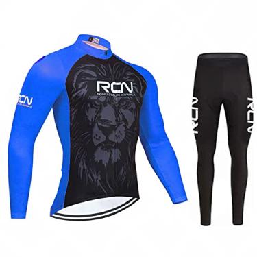 Imagem de Camisa masculina de ciclismo de inverno à prova de vento manga comprida + calça de babador acolchoada 3D calça térmica de lã MTB terno de bicicleta quente, azul, P (164 cm/58 kg)
