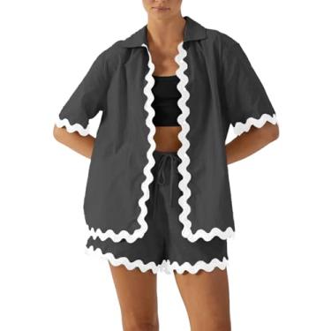 Imagem de ISZPLUSH Conjunto curto feminino de 2 peças com lapela de peito único, camisas soltas, cintura elástica, short para férias, Preto, Large