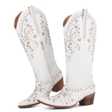 Imagem de EQAUDES Botas de cowboy ocidentais cowgirl salto grosso cano médio bota bico curto bordado botas de equitação, 1 Branco, 40