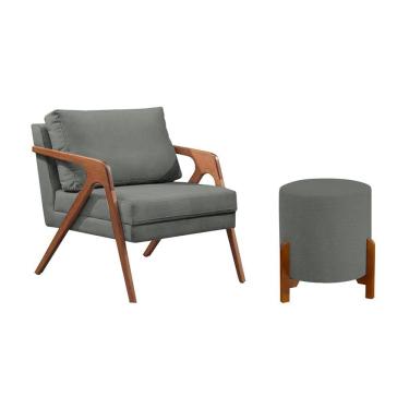 Imagem de Conjunto Poltrona Mona Decorativa e Puff Thor Estofado Base Madeira Maciça Linho Cinza