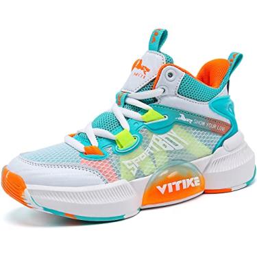 Imagem de JMFCHI Tênis de basquete infantil tênis esportivo de cano alto durável com cadarço antiderrapante tênis de corrida seguro para crianças pequenas e meninos meninas, Azul/Laranja-8171, 4 Big Kid