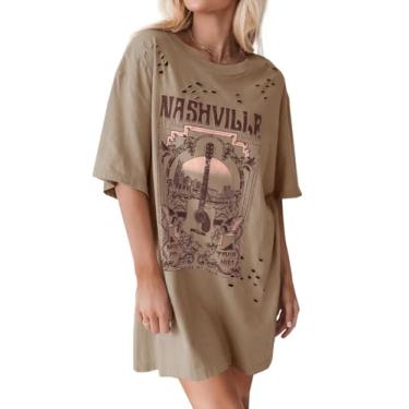 Imagem de Imily Bela Camiseta feminina Nashville Oversized Country Music Guitar Graphic Tees Ripped Cut Out Vintage Tops, Marrom, GG