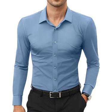 Imagem de Lion Nardo Camisetas masculinas elásticas de manga comprida slim fit para homens com ajuste muscular, camisa de botão grande e alta, Azul bebê, 3G