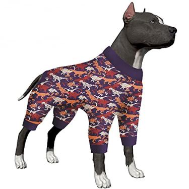 Imagem de LovinPet Roupas para Pitbulls – Pijama de cachorro grande, tecido elástico leve, estampa de dinossauro camuflado roxo e laranja, camiseta para alívio da ansiedade de animais de estimação, pijama fácil