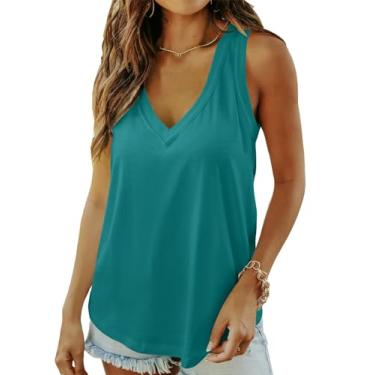 Imagem de DB MOON Camisetas femininas de verão sem mangas, gola V profunda, caimento solto, Azul-petróleo, XXG