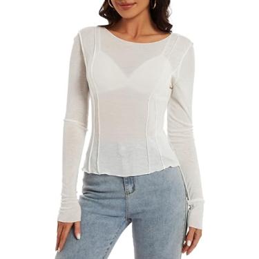 Imagem de REMEETOU Camiseta feminina Tencel™ de lã e manga longa, básica, caimento moderno, leve, gola canoa, Branco, PP