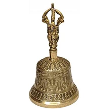 Imagem de Sino de meditação budista tibetano dorje na alça superior, feito à mão no Nepal - sino de latão 100% feito à mão de 16,5 cm para decoração de casa para meditação, oração, reiki, clareza, foco