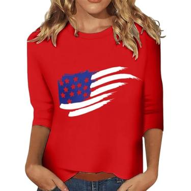 Imagem de Camiseta feminina 4 de julho manga 3/4 Patriótica Dia da Independência Gráfica Bandeira Americana Star Stripe Túnica Blusa Túnica, Vermelho, M