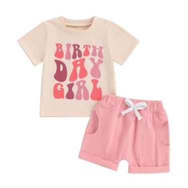 Imagem de Camiseta de manga curta com estampa de menina de aniversário de bebê, shorts elásticos, roupa de princesa de verão, 2 peças, Damasco rosa, 3-4 Anos