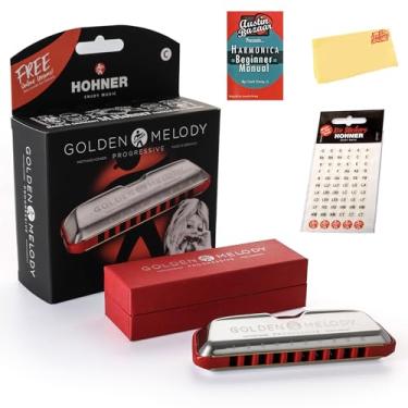 Imagem de Hohner Gaita Golden Melody - Pacote chave de C com adesivos de chave, caixa de plástico, manual de instruções e pano de polimento Austin Bazaar