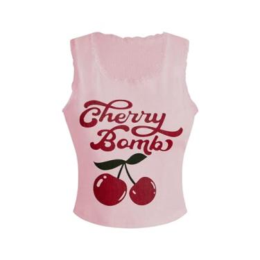 Imagem de Verdusa Camiseta regata feminina Y2K sem manga gola redonda com estampa de letras cereja, rosa, M