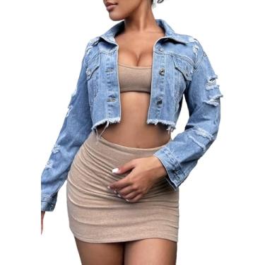 Imagem de Jaqueta jeans feminina manga comprida cropped jaqueta jeans desgastada rasgada casual, Azul E, GG