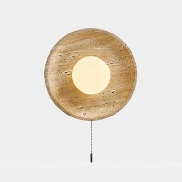 Imagem de Luminária de parede redonda de travertino amarelo com interruptor de puxar para cabeceira, arandela vintage nórdica Wabi Sabi, luminária de parede de pedra natural com sombra de globo branco