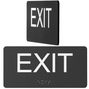 Imagem de Placa de saída ADA com braille e letras elevadas para negócios, placa de saída de emergência para banheiro de escritório interno com tiras de montagem adesivas