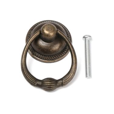 Imagem de Puxadores de bronze retrô para guarda-roupa, puxador de armário com furo único, padrão de anel, botões de móveis, 9