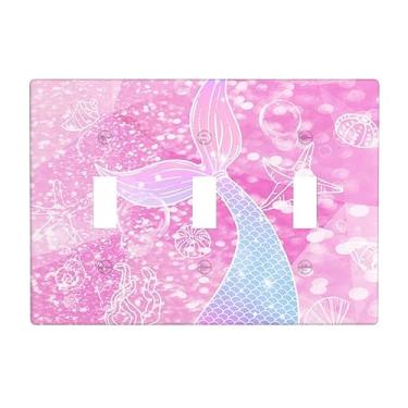 Imagem de Linda capa de interruptor de luz traseira de sereia decorativa tripla placa de parede roxa rosa capa de tomada para decoração de quarto de meninas