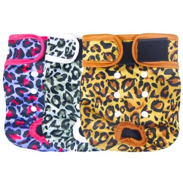 Imagem de Fraldas de cachorro Leekalos reutilizáveis e laváveis femininas (pacote com 3) – Fraldas para cães altamente absorventes – Fraldas ajustáveis de tamanho para calcinhas de menstruação de cachorro (pequena, leopardo)