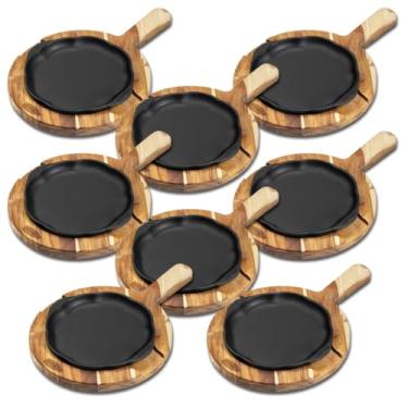 Imagem de Kit 8 Chapas 20cm em Ferro Fundido com Suporte de Madeira Panela Mineira Elétrico Indução Forno (Preto)