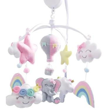 Imagem de Ateliê Coisas de Ana Móbile Musical Giratório Berço Elefante, Elefantinha, Chuva de Amor, Arco Íris Rosa
