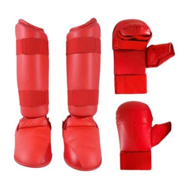 Imagem de YIJU Conjunto de equipamentos de luta de caratê Luvas de soco Proteção para os pés Luvas de boxe Caneleiras com calçados para adultos de luta Sanda, Vermelho, S
