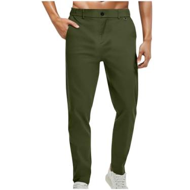 Imagem de Calça social masculina afunilada com frente lisa com bolso abotoado perna reta calça slim fit, Verde militar, G