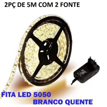 Imagem de Kit 2 Fita Led 5050 Branco Quente 3000k Luz Amarela Bivolt Com Fonte -
