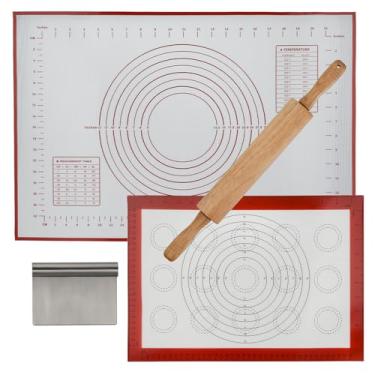 Imagem de GreatChef Rolo de massa de madeira de 43 cm para massa com raspador/cortador de massa e 2 peças de tapete de silicone resistente ao calor, antiaderente, para biscoitos, tortas, macarrão, pão, conjunto