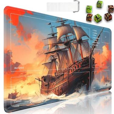 Imagem de JVGFYNKL Tapete de brinquedo TCG, tapete com zonas, borracha antiderrapante de 61 x 35 cm para MTG Playmat com cordão e bolsa de viagem e 6 dados, navio pirata navegando no mar para tapete MTG