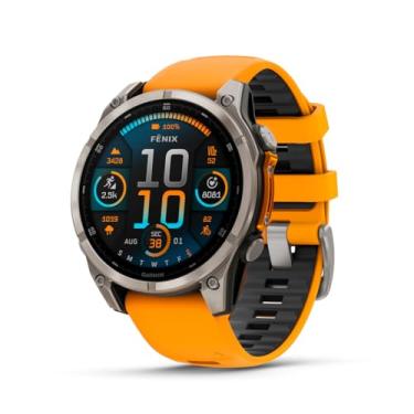 Imagem de Garmin fASCGnix® 8 – 47 mm, AMOLED, safira, smartwatch GPS multiesportivo premium, vida útil da bateria, classificação de mergulho, lanterna LED embutida, titânio com faixa laranja Spark/grafite